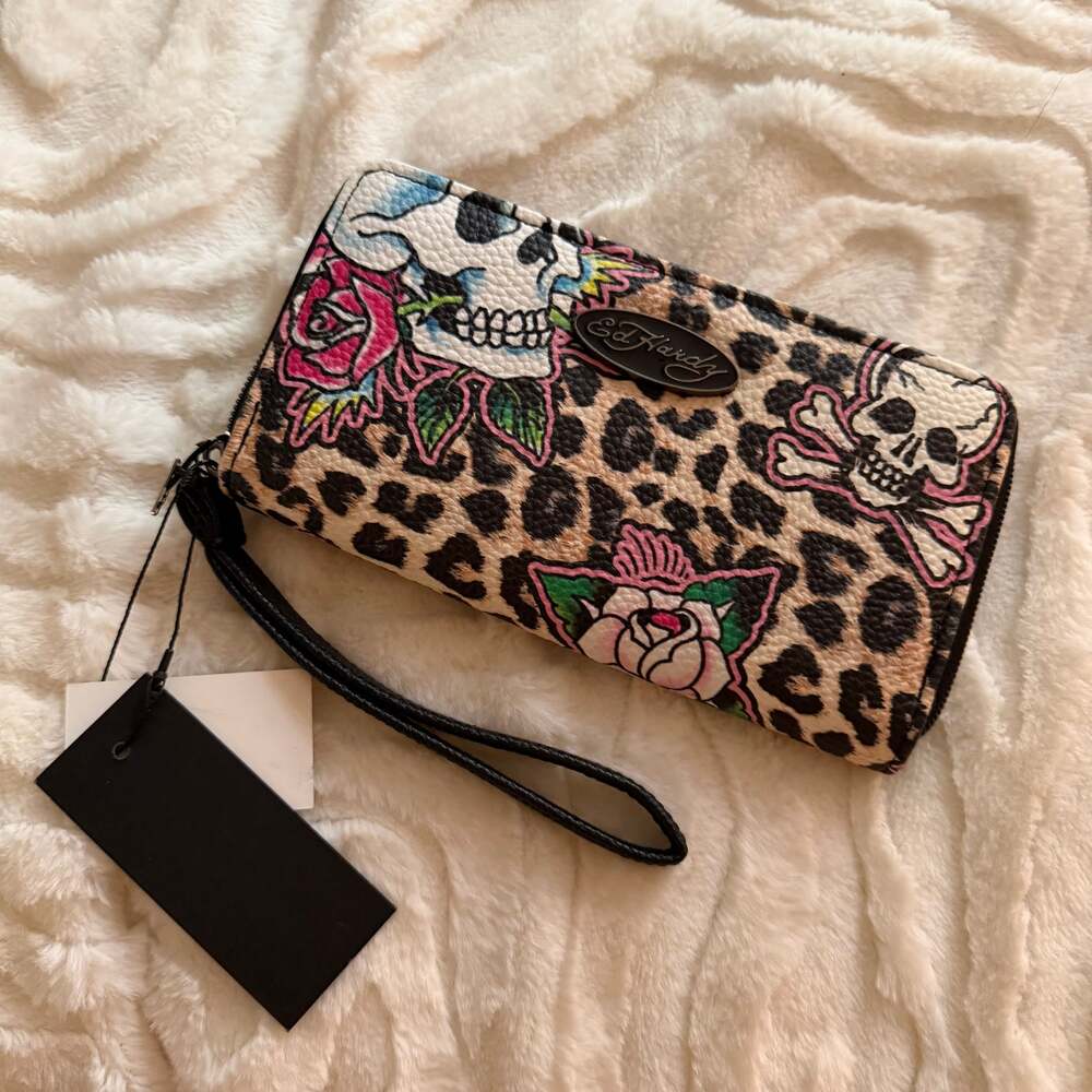 Ed Hardy Zip Around Wallet & Key Ring Set Leopard Floral Tattoo Print,
